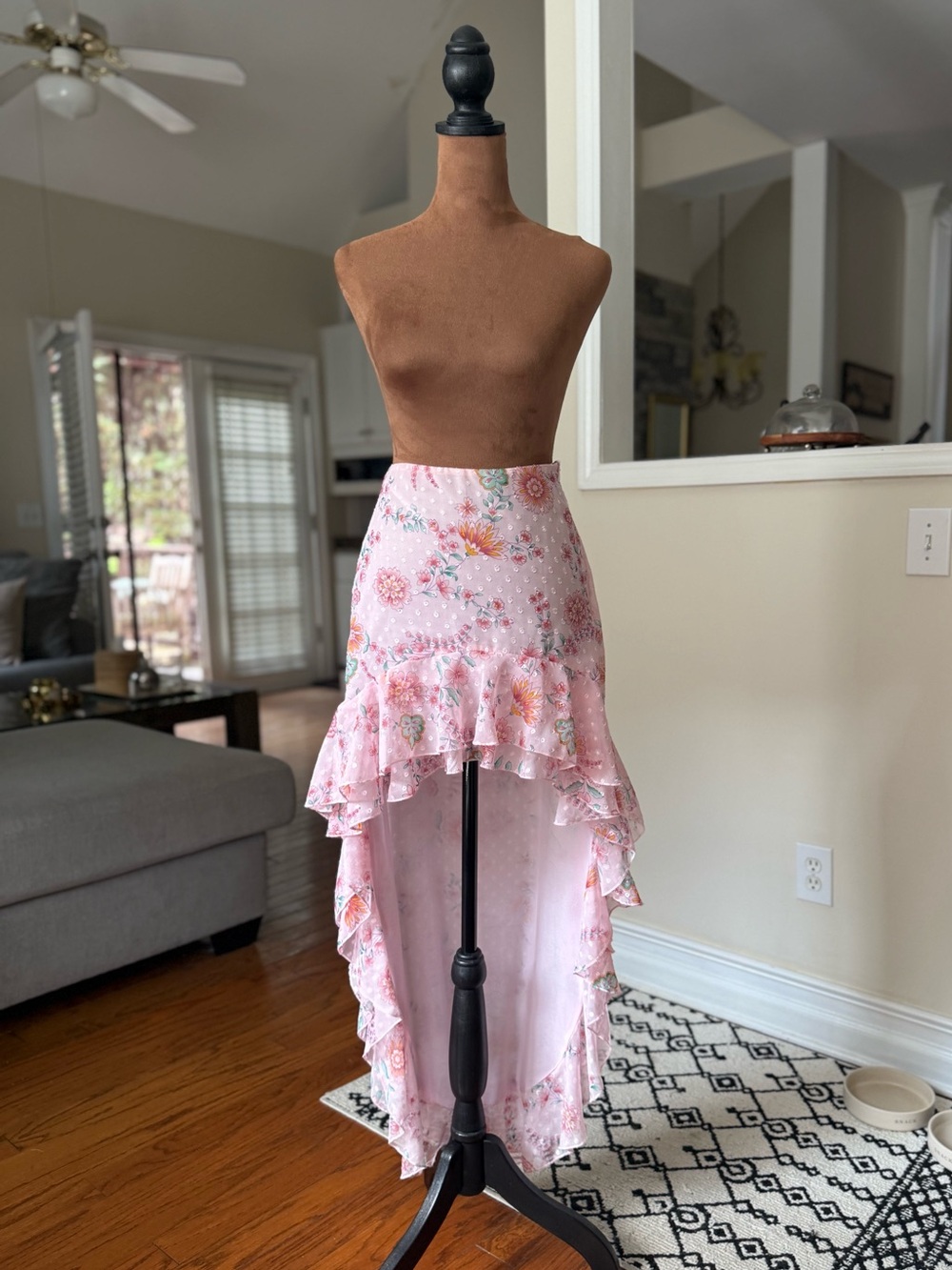 Beginning Boutique Pink Floral High-Low Ruffle Skirt
